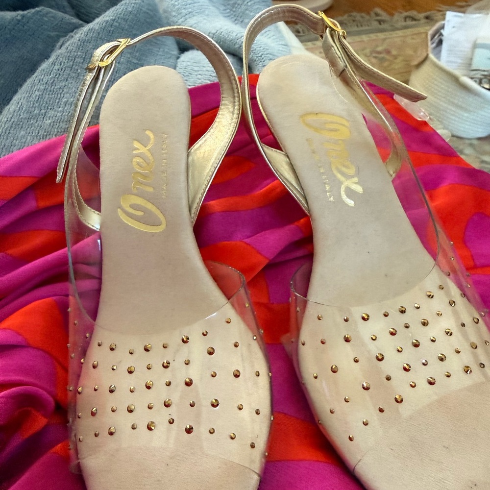 Onex Gold-Tone Nude Studded Slingback Sandals